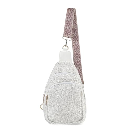 HAWILL® Kleine Umhängetasche Damen Bauchtasche Stylische Sling Bag Weich Teddy Tasche Damen Brusttasche zum Umhängen Plüsch Tasche für Reisen, Sport, Arbeit (Beige) von HAWILL