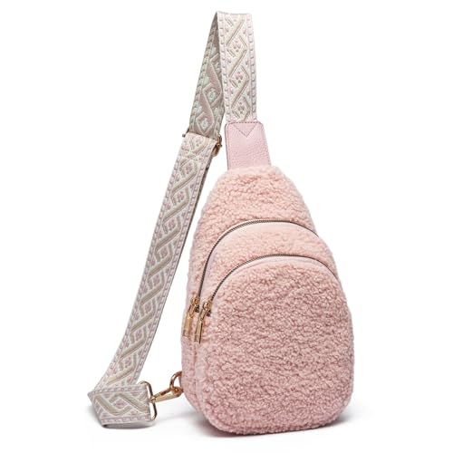 HAWILL® Kleine Umhängetasche Damen Bauchtasche Stylische Sling Bag Weich Teddy Tasche Damen Brusttasche zum Umhängen Plüsch Tasche für Reisen, Sport, Arbeit (Rosa) von HAWILL