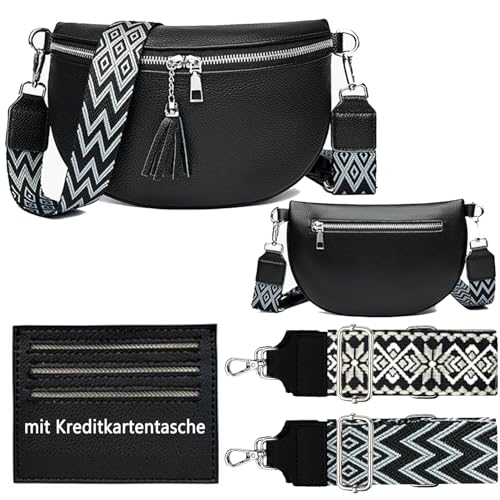 HAWILL® Umhängetasche Damen Klein Bauchtasche Crossbody Bag Damen Breiter Gurt Mode Handytasche zum Umhängen Leder Moderne Taschen mit 2 Schultergurten (Schwarz) von HAWILL