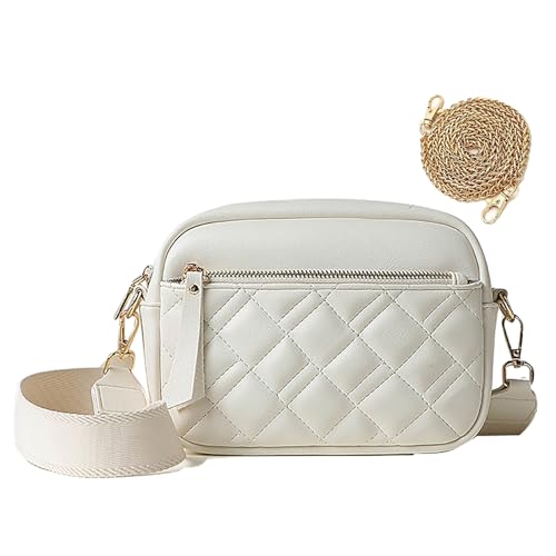 HAWILL Crossbody Bag Damen Handy Umhängetasche mit Breiter Gurt Klein Handtasche Echtes Leder Schultertaschen Stickerei Moderne Taschen mit Golden Kette (Weiß) von HAWILL