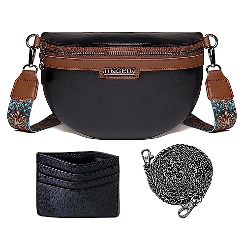 HAWILL Damen Bauchtasche Kleine Crossbody Bag Damen Breiter Gurt Leder Hüfttaschen Mode Sportlich Umhängetasche Moderne Taschen mit Abnehmbar Schultergurt, Schwarz Kreditkartenpaket Senden (Schwarz) von HAWILL