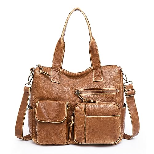 HAWILL Handtasche Damen Umhängetasche Mittelgroß Crossbody Bag Damen Breiter Gurt Leder Schultertasche Tragetasche Moderne Taschen mit Breitem Schultergurt (Braun) von HAWILL