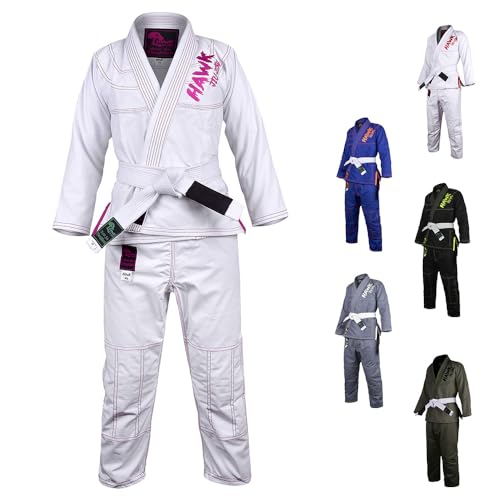 HAWK Jiu Jitsu Hawk Kids Brazilian Jiu Jitsu Anzug Jugend Kinder BJJ Gi Kimonos Boys & Girls BJJ Uniform Leichte Preshrunk Perlen-Webart-Stoff Mädchen Weiß K0 von HAWK Jiu Jitsu