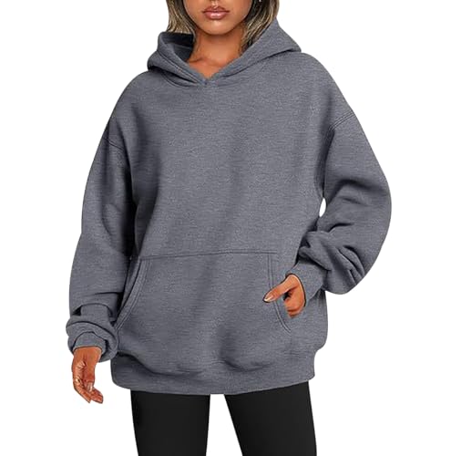 Damen Hoodie Kapuzenpullover Damen Kapuzenpulli Sweatshirt Damen Oversized Kapuzen Hoodie Damen Frauen Uni Basic Oversize Pullover Hoody Damen Kuschel Pulli Hoodies Sweatshirts für Damen Grau M von HAXNOHEY