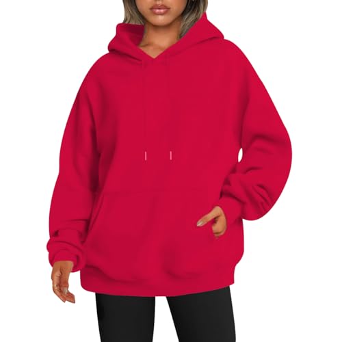 Damen Hoodie Kapuzenpullover Damen Kapuzenpulli Sweatshirt Damen Oversized Kapuzen Hoodie Damen Frauen Uni Basic Oversize Pullover Hoody Damen Kuschel Pulli Hoodies Sweatshirts für Damen Rot M von HAXNOHEY