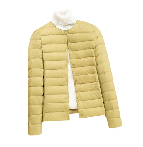 Damen Leichte Daunenjacke ohne Kragen Steppjacke mit Langen Ärmeln Ultraleichte Pufferjacke Dünne Wasserdichte Daunenjacke für Damen mit Druckknopf Slim-Fit-Oberbekleidung Warmer Herbst Winter von HAXNOHEY
