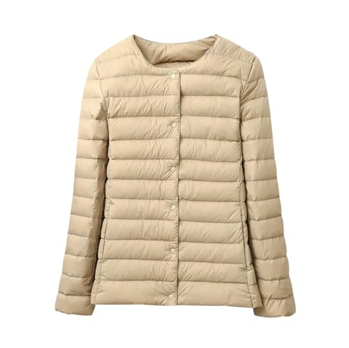 Damen Leichte Daunenjacke ohne Kragen Steppjacke mit Langen Ärmeln Ultraleichte Pufferjacke Dünne Wasserdichte Daunenjacke für Damen mit Druckknopf Slim-Fit-Oberbekleidung Warmer Herbst Winter von HAXNOHEY