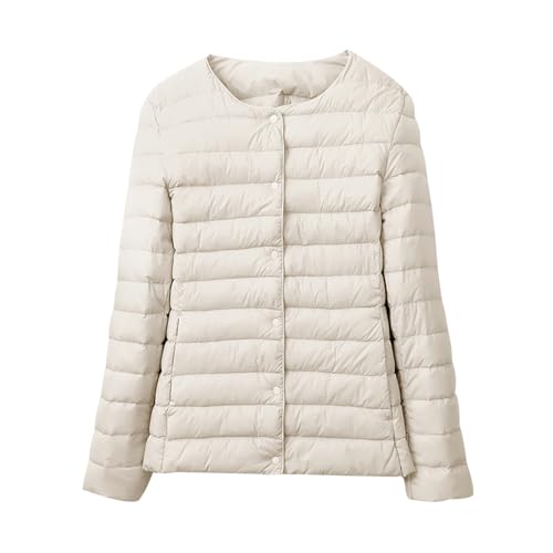 Damen Leichte Daunenjacke ohne Kragen Steppjacke mit Langen Ärmeln Ultraleichte Pufferjacke Dünne Wasserdichte Daunenjacke für Damen mit Druckknopf Slim-Fit-Oberbekleidung Warmer Herbst Winter von HAXNOHEY