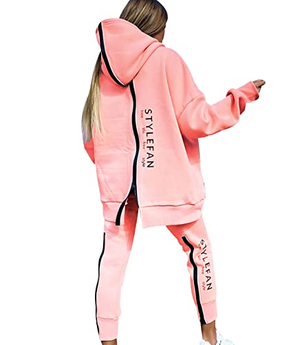 Freizeitanzug Damen Sport Trainingsanzug Damen Set Lang Tracksuit Women Hausanzug Frauen Loungewear Damen Set Jogginganzüge Trainingsanzüge Damen Große Größen Modern Lässige Oversize Locker Rosa XL von HAXNOHEY