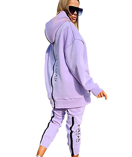 Freizeitanzug Damen Sport Trainingsanzug Damen Set Lang Tracksuit Women Hausanzug Frauen Loungewear Damen Set Jogginganzüge Trainingsanzüge Damen Große Größen Modern Lässige Oversize Locker Lila XL von HAXNOHEY