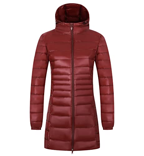 Lange Leichte Daunenjacke Damen Puffer Jacke Damen Langer Daunenmantel Damen Lang Lightweight Steppjacke Damen Leicht Down Jacket Women Federleichte Daunenjacke Frauen Jacke Daunen Oversize Rot M von HAXNOHEY