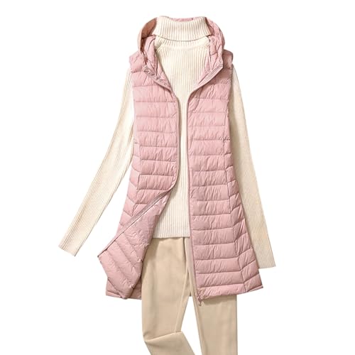 Lange Steppweste Damen Leicht Leichte Daunenweste Damen Ärmellose Steppweste Damen Puffer Weste Wattierte Westen Damen mit Kapuze Lang Warme Gesteppte Weste Stepp Damen Quilted Vest Women Rosa 4XL von HAXNOHEY