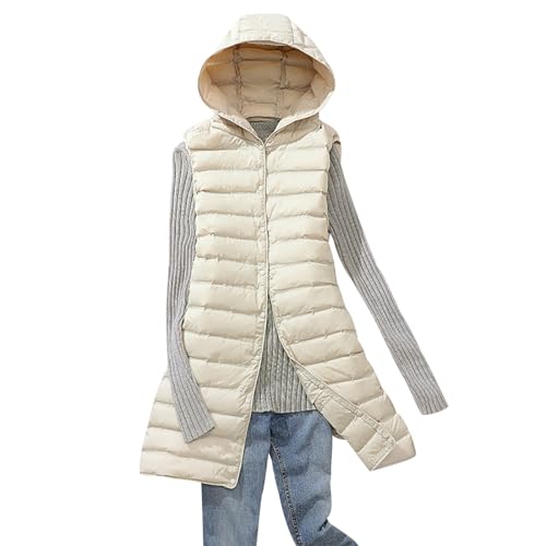 Lange Steppweste Damen Leicht Leichte Daunenweste Damen Ärmellose Steppweste Jacke Ärmellos Damen Westen Puffer Weste Wattierte Weste Damen mit Kapuze Lang Warme Gesteppte Weste Stepp Damen Beige XXL von HAXNOHEY