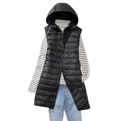 Lange Steppweste Damen Leicht Leichte Daunenweste Damen Ärmellose Steppweste Jacke Ärmellos Damen Westen Puffer Weste Wattierte Weste Damen mit Kapuze Lang Warme Gesteppte Weste Stepp Damen Schwarz L von HAXNOHEY