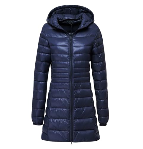 Leichte Daunenjacke Damen Lang Puffer Jacke Damen mit Kapuze Ultraleichte Long Steppjacke Damen Lang Leichter Steppmantel Damen Leicht Daunenmantel Down Jacket Women Lange Daunenjacke Damen Marine XL von HAXNOHEY