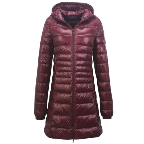 Leichte Daunenjacke Damen Lang Puffer Jacke Damen mit Kapuze Ultraleichte Long Steppjacke Damen Lang Leichter Steppmantel Damen Leicht Daunenmantel Down Jacket Women Lange Daunenjacke Damen Rot 3XL von HAXNOHEY