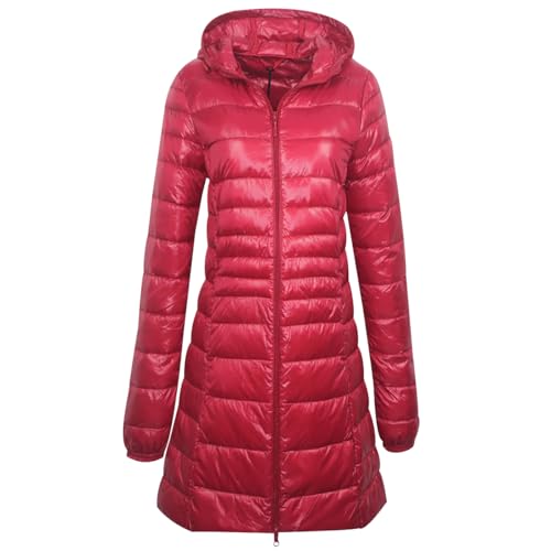 Leichte Daunenjacke Damen Lang Puffer Jacke Damen mit Kapuze Ultraleichte Long Steppjacke Damen Lang Leichter Steppmantel Damen Leicht Daunenmantel Down Jacket Women Lange Daunenjacke Damen Rot L von HAXNOHEY