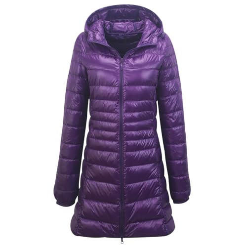 Leichte Daunenjacke Damen Lang Puffer Jacke Damen mit Kapuze Ultraleichte Long Steppjacke Damen Lang Leichter Steppmantel Damen Leicht Daunenmantel Down Jacket Women Lange Daunenjacke Damen Violett XL von HAXNOHEY