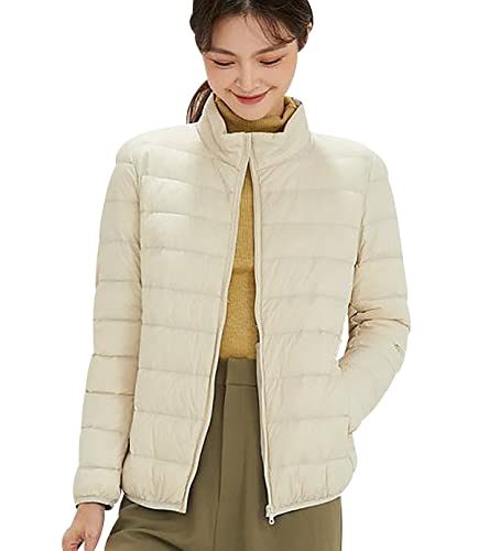 Leichte Daunenjacke Damen Puffer Jacke Damen Daunenmantel Lightweight Steppjacke Damen Leicht Puffer Mantel Damen Down Jacket Women Ultraleichte Daunenjacke Frauen Dünne Jacke Daunen Oversize Beige M von HAXNOHEY