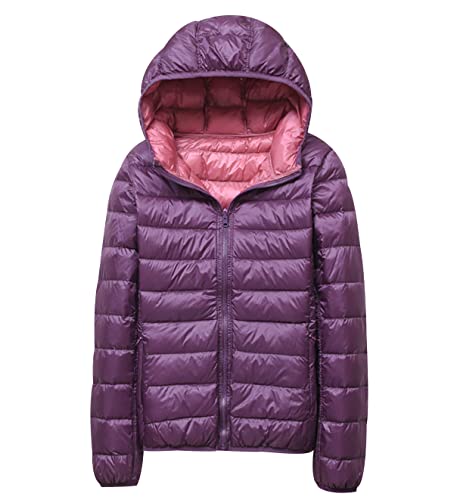 Leichte Daunenjacke Wendejacke Damen Puffer Jacke Damen Leichter Daunenmantel Steppjacke Damen Leicht Down Jacket Women Federleichte Kapuzen Daunenjacke Frauen Dünne Jacke Daunen Violett Rosa XXL von HAXNOHEY