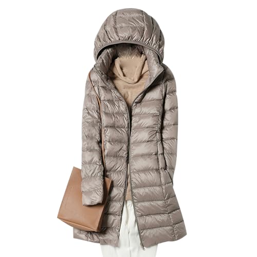 Leichte Steppjacke Damen Lang Lange Dünne Daunenjacke Puffer Jacke Damen mit Kapuze Long Ultraleichte Daunen Steppjacke Leichter Steppmantel Damen Leicht Down Jacket Women Daunenmantel Damen Khaki 3XL von HAXNOHEY