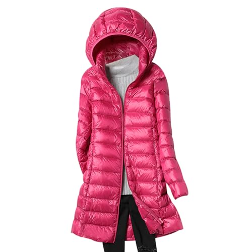 Leichte Steppjacke Damen Lang Lange Dünne Daunenjacke Puffer Jacke Damen mit Kapuze Long Ultraleichte Daunen Steppjacke Leichter Steppmantel Damen Leicht Down Jacket Women Daunenmantel Damen Rosa M von HAXNOHEY