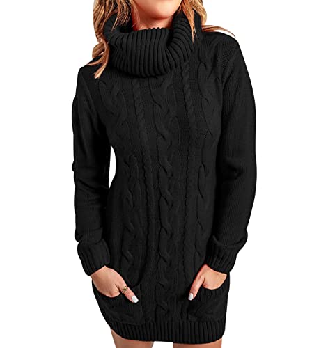 Pulloverkleid Damen Strickkleid Turtleneck Langer Pullover Damen Lang Strick Pullikleid Damen Strickpullover Long Sweater Pulli Kleid Strickkleider Jacquard Pullover Long Pullis Für Damen Schwarz 3XL von HAXNOHEY