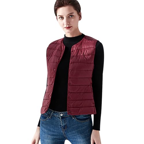 Steppweste Damen Leicht Leichte Daunenweste Damen Ärmellose Steppweste Jacke Ärmellos Damen Westen Puffer Weste Frauen Wattierte Weste Damen Gesteppte Weste Stepp Damen Damen-Steppwesten Rot L von HAXNOHEY