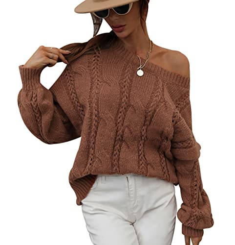Strickpullover Damen Oversize Off Shoulder Pullover Damen Winter Pulli Basic Casual Warme Zopfstrick Rundhals Gestrickter Kuschel Knitted Jacquard Pullover Strickpulli Damen Strick Pullis Frauen Rot M von HAXNOHEY