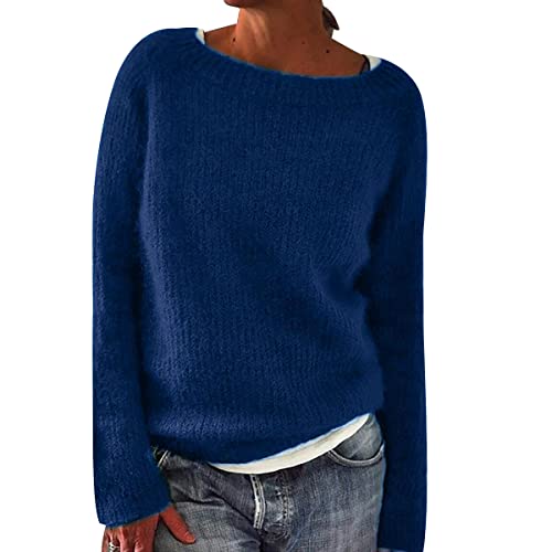 Strickpullover Damen Oversize Zopfmuster Pullover Damen Winter Pulli Overzised Basic Casual Warme Zopfstrick Rundhals Gestrickter Kuschel Knitted Pullover Strickpulli Damen Strick Pullis Frauen Blau L von HAXNOHEY