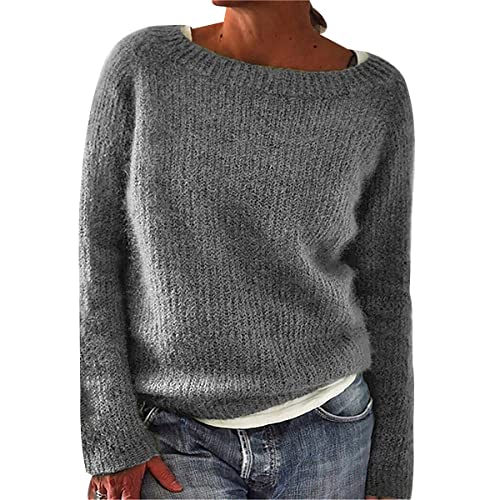 Strickpullover Damen Oversize Zopfmuster Pullover Damen Winter Pulli Overzised Basic Casual Warme Zopfstrick Rundhals Gestrickter Kuschel Knitted Pullover Strickpulli Damen Strick Pullis Frauen Grau L von HAXNOHEY