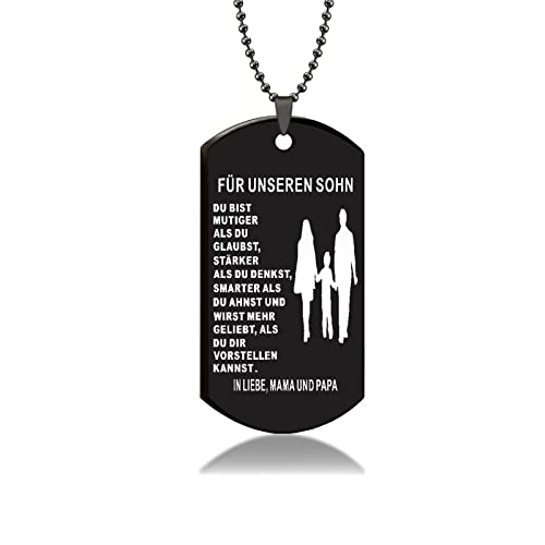 HAYOUWAY Personalisiert Dog Tag Kette Herren mit Gravur Inspirierende Text für Meine Sohn Männer, Edelstahl Dog Tag Anhänger Halskette Geschenke für Unsere Sohn von Mama und Papa von HAYOUWAY