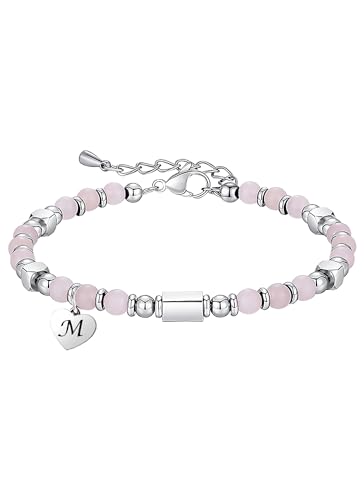 HAYOUWAY 4mm Rosenquarz Edelstein Armband Damen Mädchen mit Buchstaben Charm Heilsteine Armband, Naturstein Armbänder Geschenke für Frauen Mädchen Beste Freundin Geburtstag, Chakra Perlenarmband Damen von HAYOUWAY