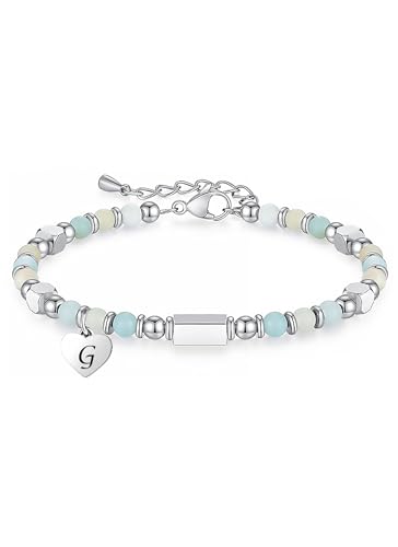 HAYOUWAY Charm Naturstein Armband Damen mit Buchstaben Geschenke für Frauen Mädchen Beste Freundin Geburtstag, Edelstein Perlenarmband Damen Geschenke für Mädchen Tochter Armbänder (Grün G) von HAYOUWAY