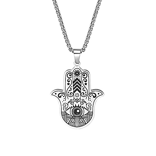 HAYOUWAY Hamsa Hand Evil Eye Halskette Evil Eye Auge Halskette Fatimas Hand Kette Edelstahl Ketten mit Anhänger Amulett Schmuck Geschenk für Frauen Männer Silber von HAYOUWAY