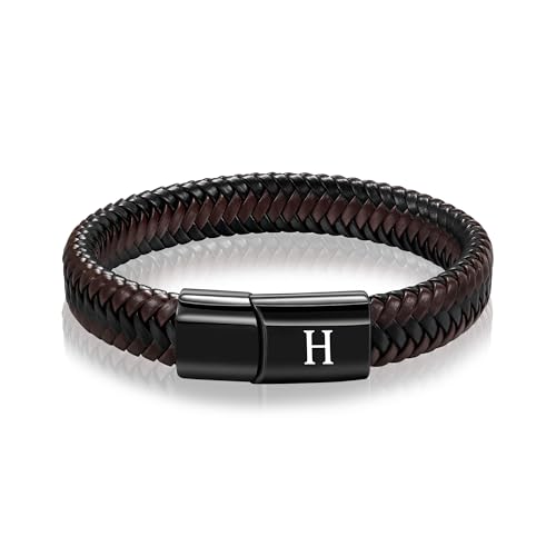 HAYOUWAY Lederarmband Herren Armband mit Buchstaben Braun Armbänder für Herren mit Gravur A-Z Personalisierte Geschenke für Männer Jahrestag Geburtstag Weihnachtsgeschenke für Papa Sohn Ihn Freund von HAYOUWAY