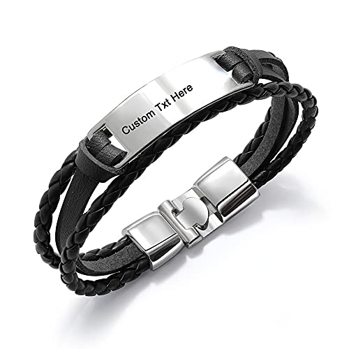 HAYOUWAY Lederarmband Herren Damen Kunstleder Armbänder mit Gravur Logo ID Name Edelstahl Armreif DIY Geburtstag Geschenk für Familen Freunde von HAYOUWAY