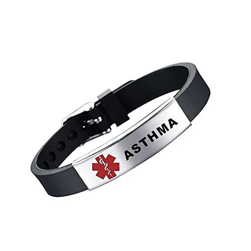 HAYOUWAY Verstellbares medizinisch Alarm Armband, Medical Alert ASTHMA Silikonarmband, Erste Hilfe Silikon Armbänder für Frauen Männer von HAYOUWAY