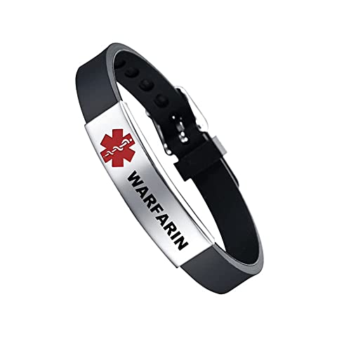 HAYOUWAY Verstellbares medizinisch Alarm Armband, Medical Alert WARFARIN Silikon Edelstahl Armbänder, Erste Hilfe Silikonarmband für Frauen Männer von HAYOUWAY