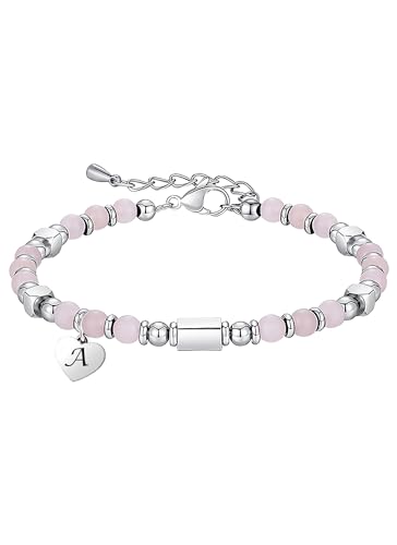 HAYOUWAY 4mm Rosenquarz Edelstein Armband Damen Mädchen mit Buchstaben Charm Heilsteine Armband, Geschenke für Frauen Mädchen Beste Freundin Geburtstag, Chakra Perlenarmband Damen Naturstein Armbänder von HAYOUWAY