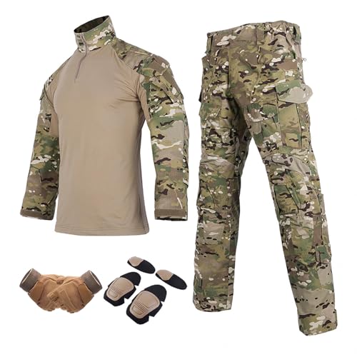 Airsoft Tarnanzug Herren Langarm-Rip-Stop-Uniformen Tactical Shirt Herren mit Ellbogenschützern,Knieschützern und Kampfhandschuh Herren Militär Ausrüstung,Camo-L von HAZARA