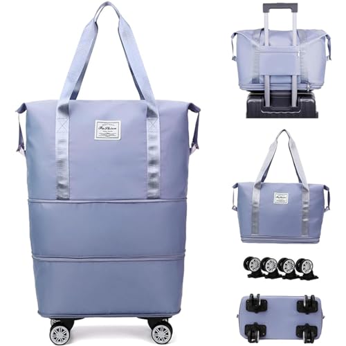 Reisetasche Damen Mit Rollen Erweiterbare, Abnehmbare RäDer, Kleine Reisetasche Wasserdicht, VerschleißFest, Duffle Bag with Wheels Zum Wandern Geeignet,Blue von HAZARA