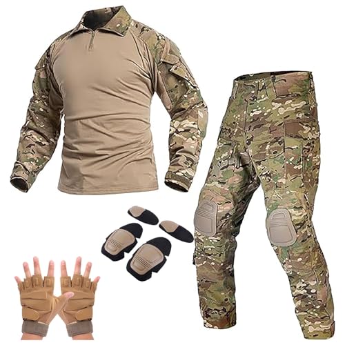 Taktische Herren Kampfuniform Langarm-Rip-Stop-Uniformen Airsoft Kleidung mit Ellbogenschützern,Knieschützern und Kampfhandschuh Militärhemd Und Hose,Camo-L von HAZARA
