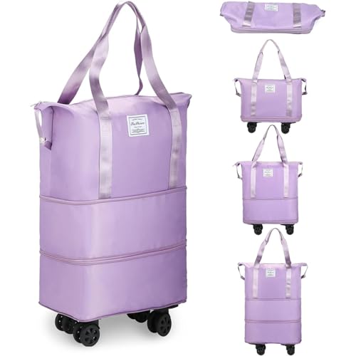 Wochenendtasche Damen Erweiterbare, Abnehmbare RäDer, Kleine Reisetasche Wasserdicht, VerschleißFest, Travel Bag Luggage Zum Wandern Geeignet,Purple von HAZARA