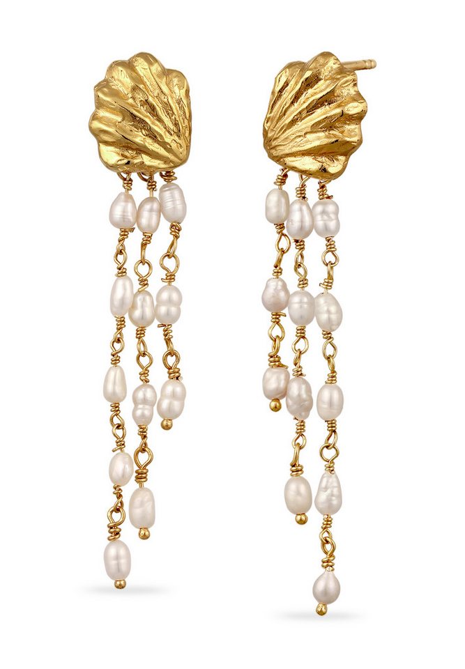 HAZE & GLORY Perlenohrringe Muschel Ohrhänger lang mit Süßwasserperlen Weiß 925 Sterling Silber von HAZE & GLORY