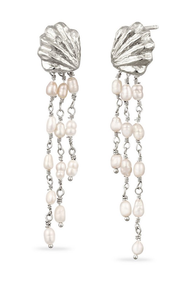 HAZE & GLORY Perlenohrringe Muschel Ohrhänger lang mit Süßwasserperlen Weiß 925 Sterling Silber von HAZE & GLORY