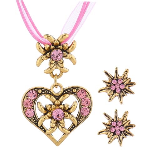 HAZMA 1 Satz Trachtenschmuck Set Bayerisch Dirndlschmuck，Trachtenschmuck Damen，Dirndl Tasche Damen，Dirndl Schuhe Damen，Trachtenkette Mit Strass Edelweiß Herz Anhänger Und Edelweiß （Gold/Rosa，A） von HAZMA