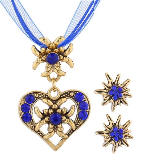 HAZMA 1 Satz Trachtenschmuck Set Bayerisch Dirndlschmuck，Trachtenschmuck Damen，Dirndl Tasche Damen，Dirndl Schuhe Damen，Trachtenkette Mit Strass Edelweiß Herz Anhänger Und Edelweiß （Gold/Saphir,B） von HAZMA