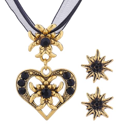 HAZMA 1 Satz Trachtenschmuck Set Bayerisch Dirndlschmuck，Trachtenschmuck Damen，Dirndl Tasche Damen，Dirndl Schuhe Damen，Trachtenkette Mit Strass Edelweiß Herz Anhänger Und Edelweiß （Gold/Schwarz,C） von HAZMA