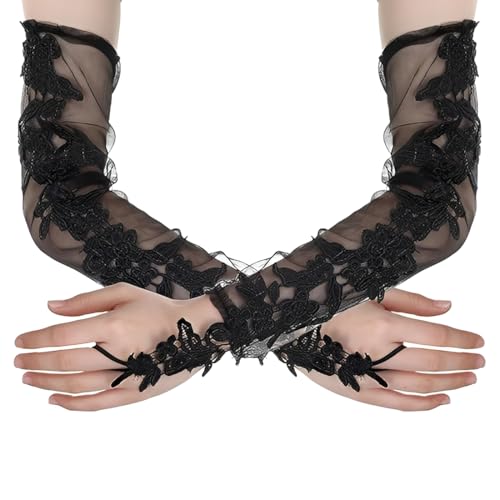HAZMA 1 Stück Spitzenhandschuhe Schwarz, Handschuhe Lang,Maleficent Kostüm Damen,Damen Feder Spitze Fingerlose Lange Handschuhe Für Hochzeit Halloween Maleficent Kostüm von HAZMA